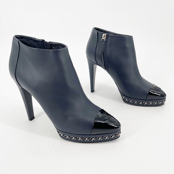 Chanel EU 38 Navy Leather Ankle Boots Patent Cap Toe Chain Platform Booties - Picture 1 of 14